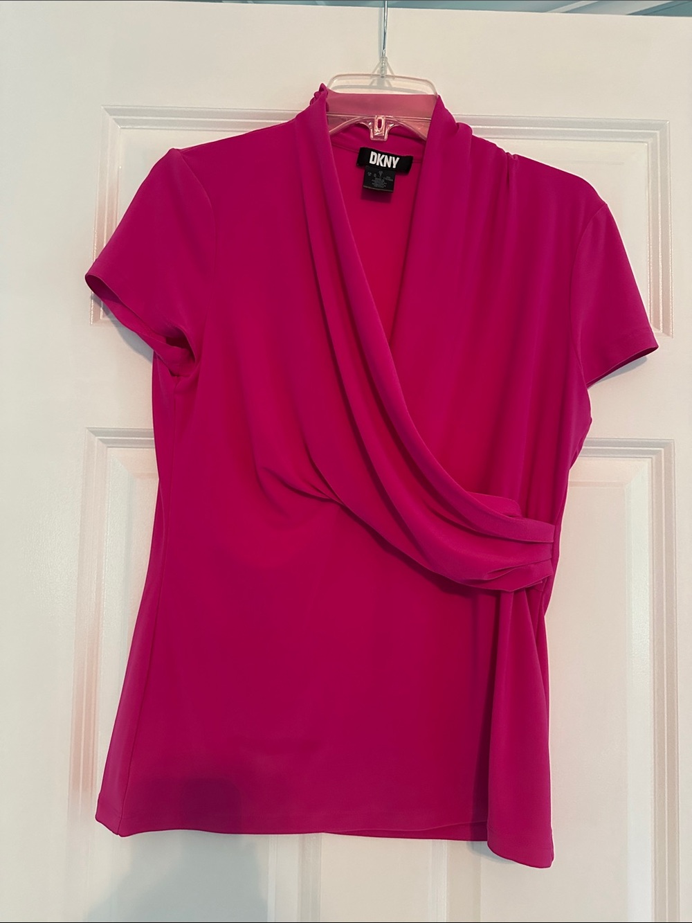 DKNY Fuchsia Faux-Wrap Short Sleeve Blouse